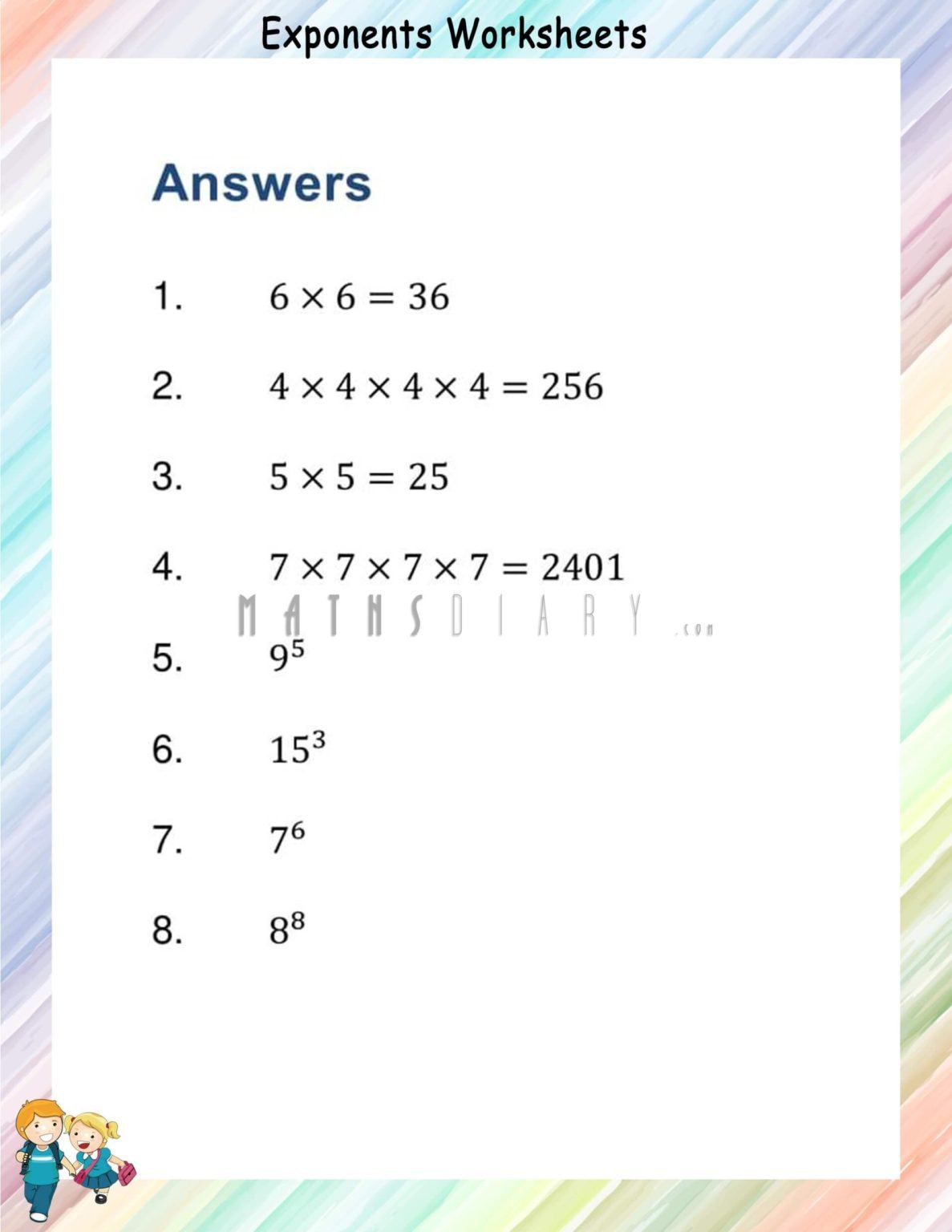 Introduction to exponents - Math Worksheets - MathsDiary.com