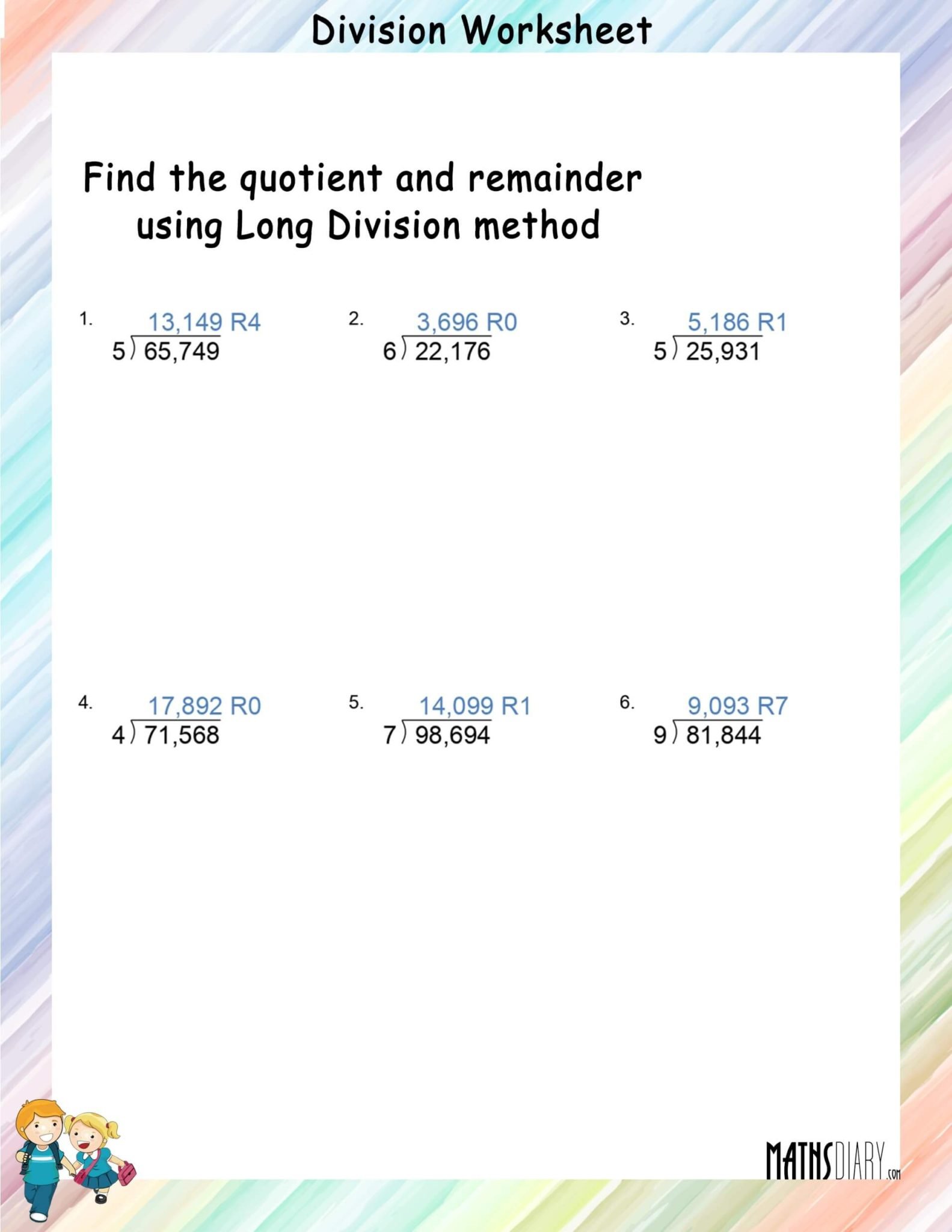 Long Division method by 1 digit number worksheets - Math Worksheets ...