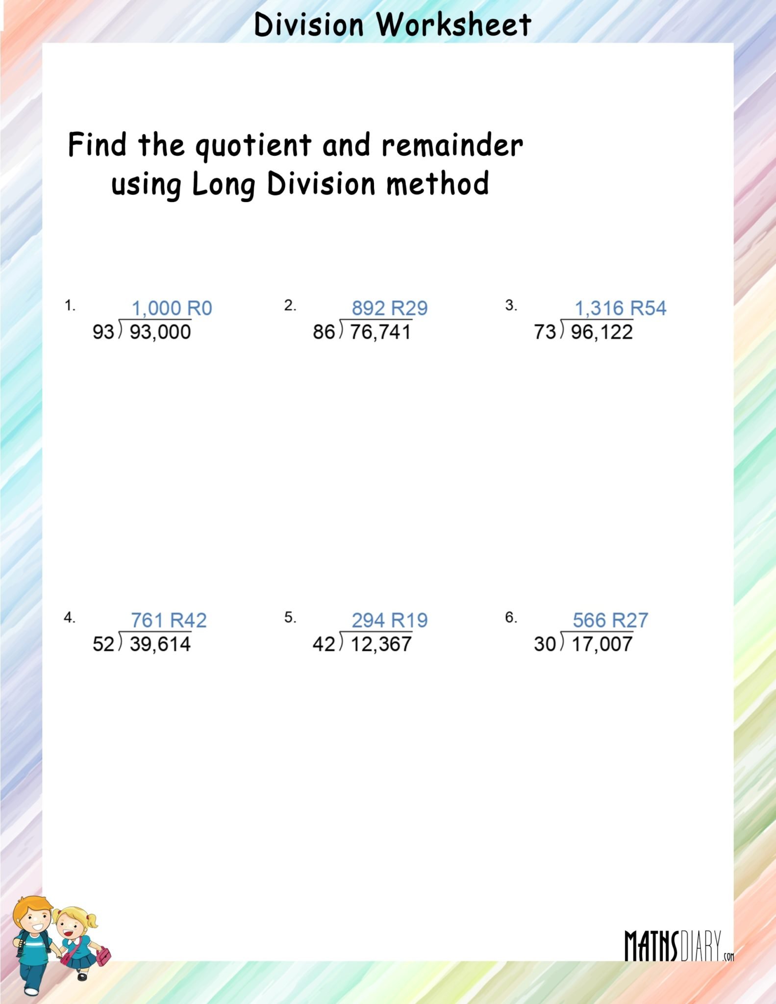 Long Division method by 2 digit number worksheets - Math Worksheets ...