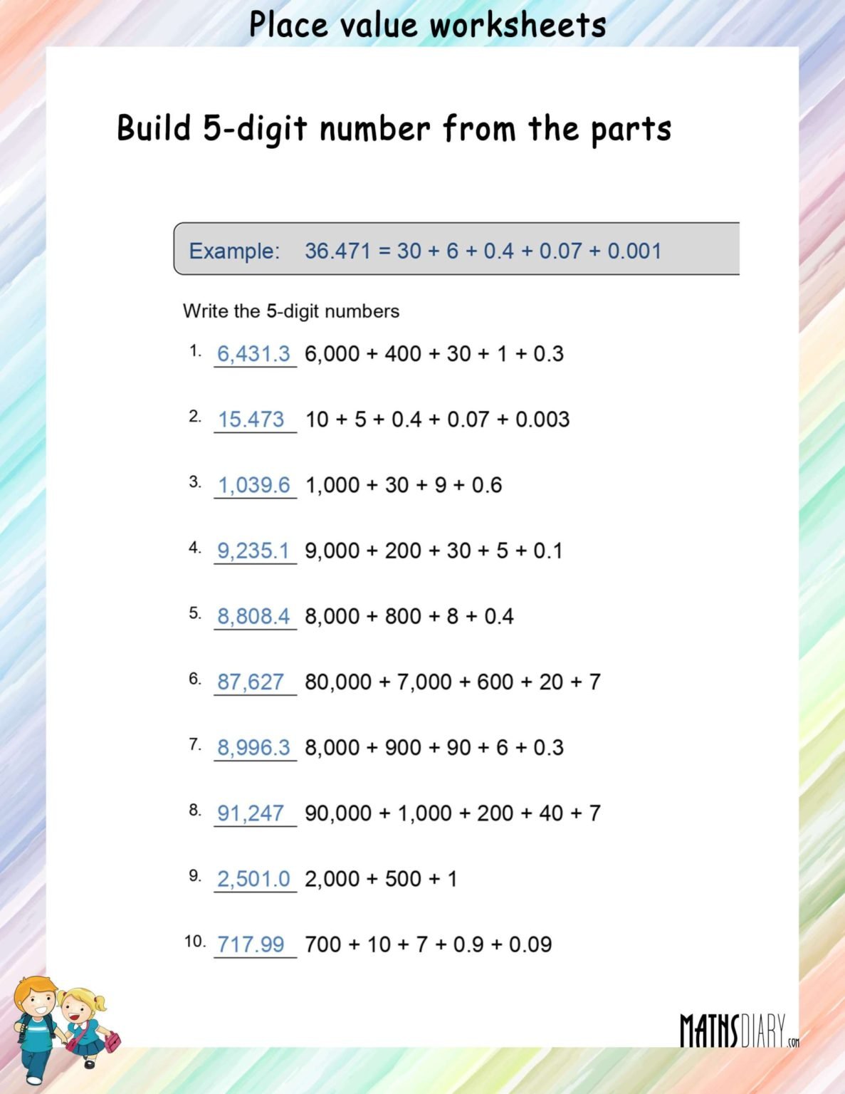 Build 5-digit number from parts - Math Worksheets - MathsDiary.com
