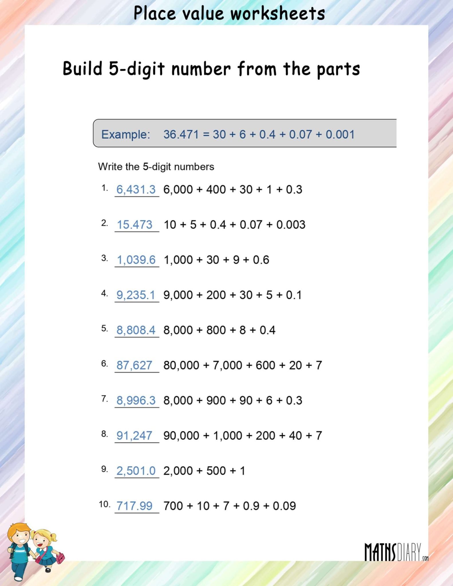 Build 5-digit number from parts - Math Worksheets - MathsDiary.com