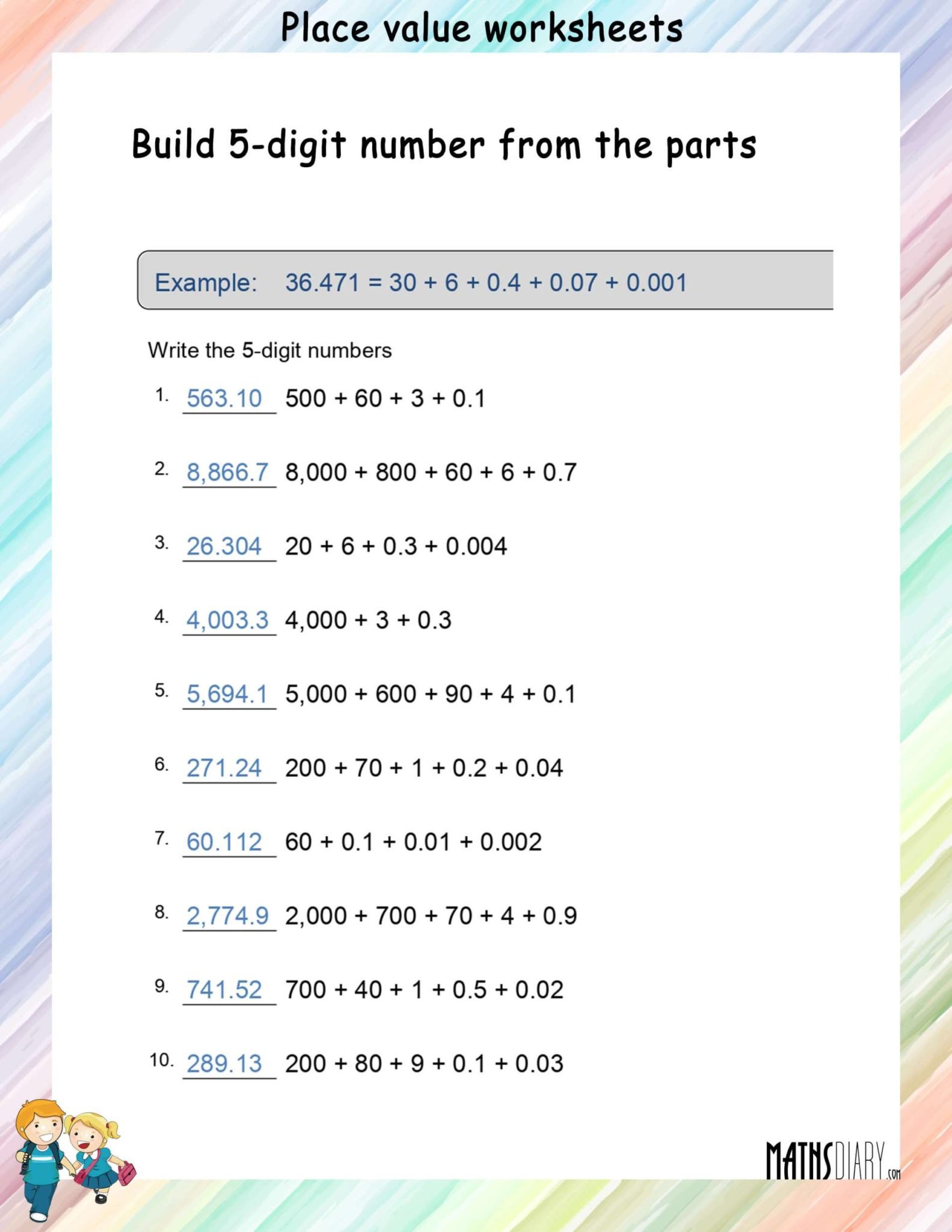 Build 5-digit number from parts - Math Worksheets - MathsDiary.com