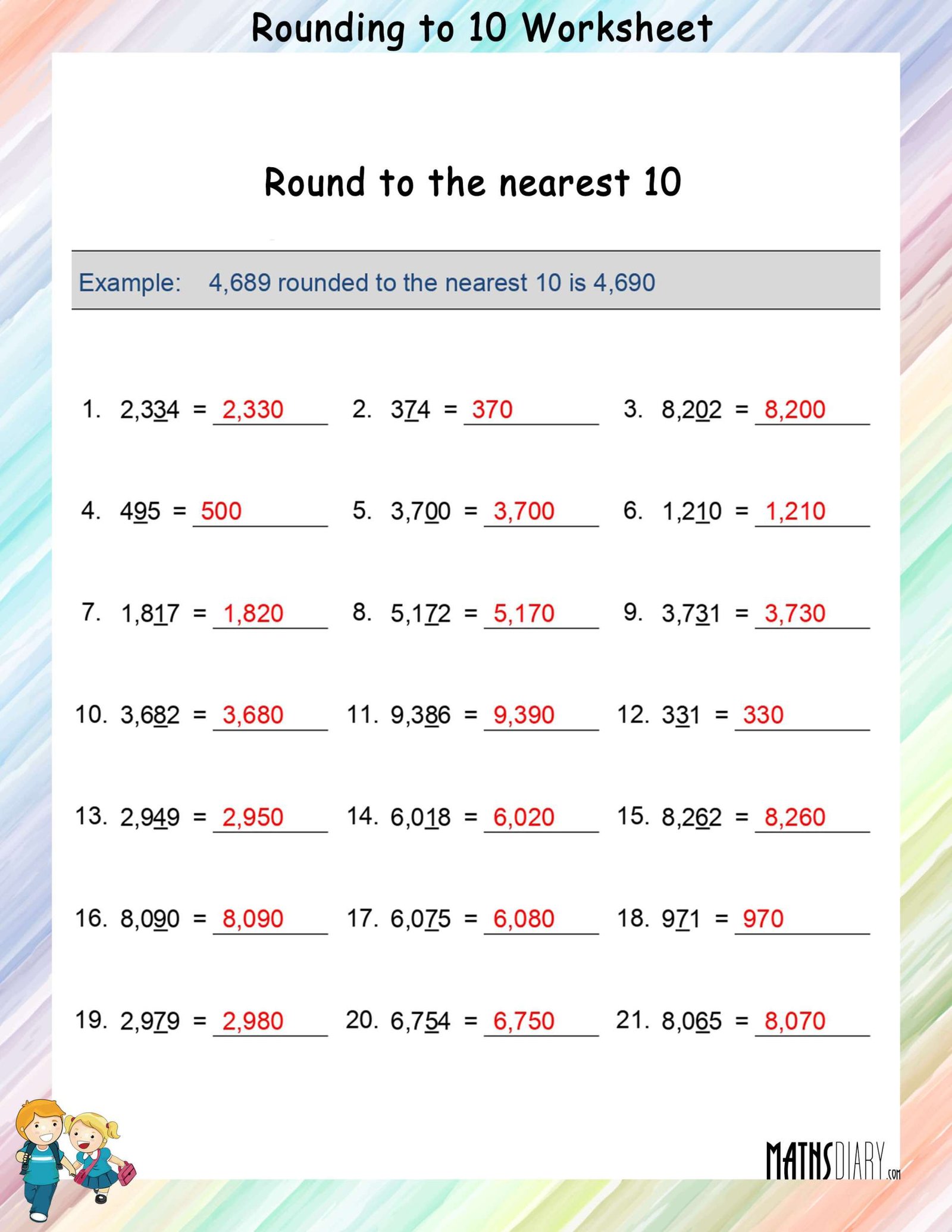 Round each number to the nearest ten Worksheet