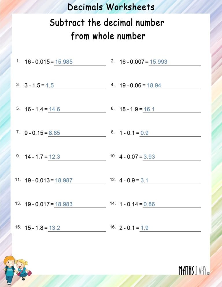 Subtract the decimal number from the whole number - Math Worksheets ...