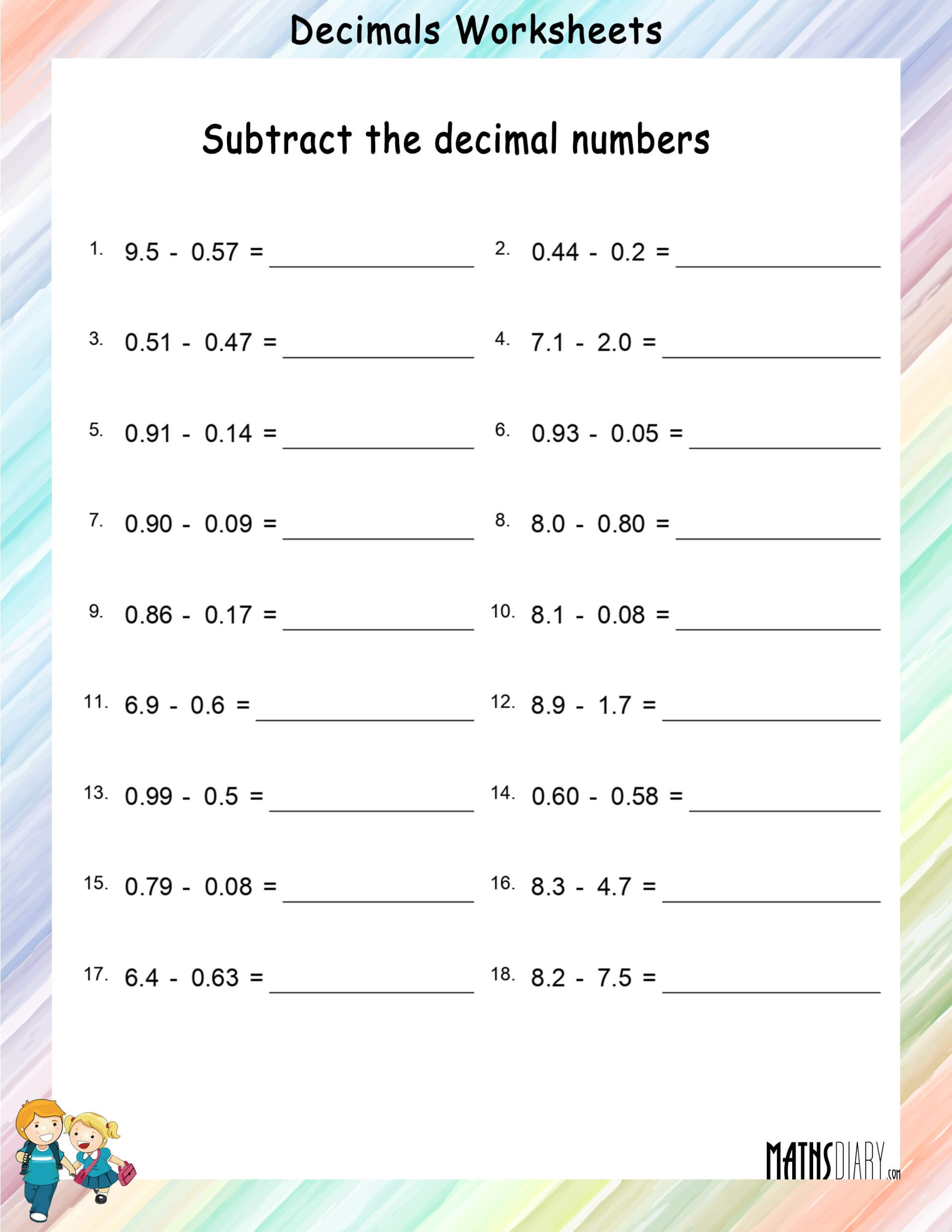subtraction decimal worksheet