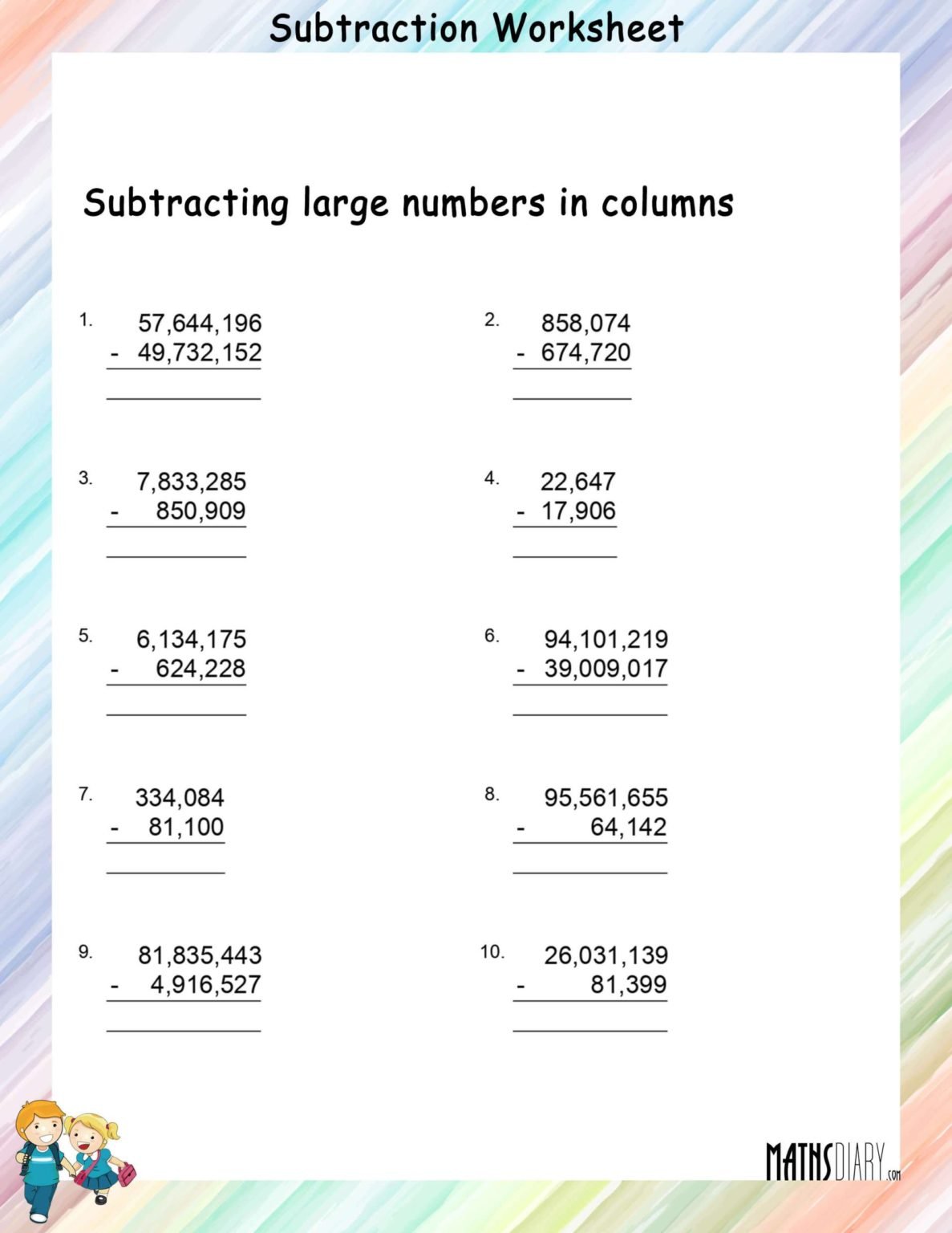 Subtracting Large Numbers - Math Worksheets - MathsDiary.com