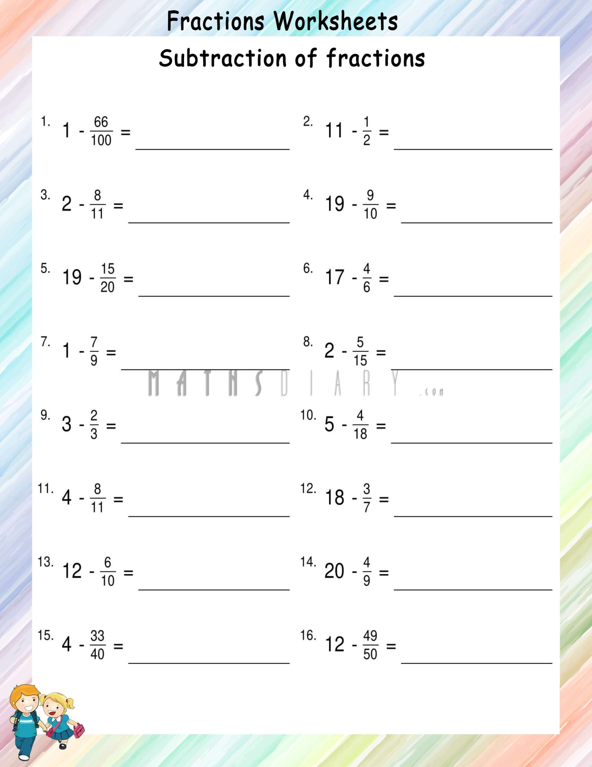 Subtracting Fractions From Whole Numbers Worksheet Pdf