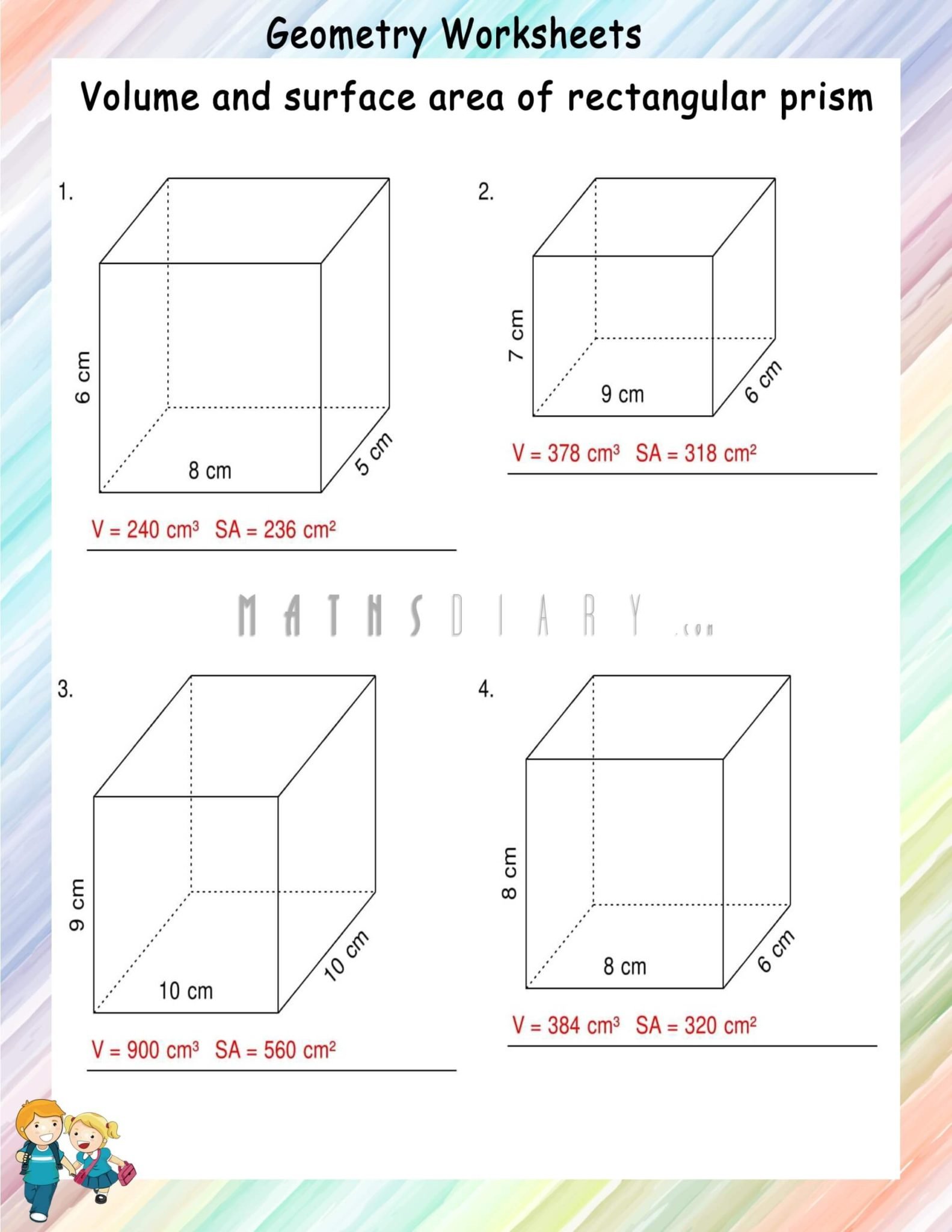 Volume and surface area of rectangular prisms - Math Worksheets ...