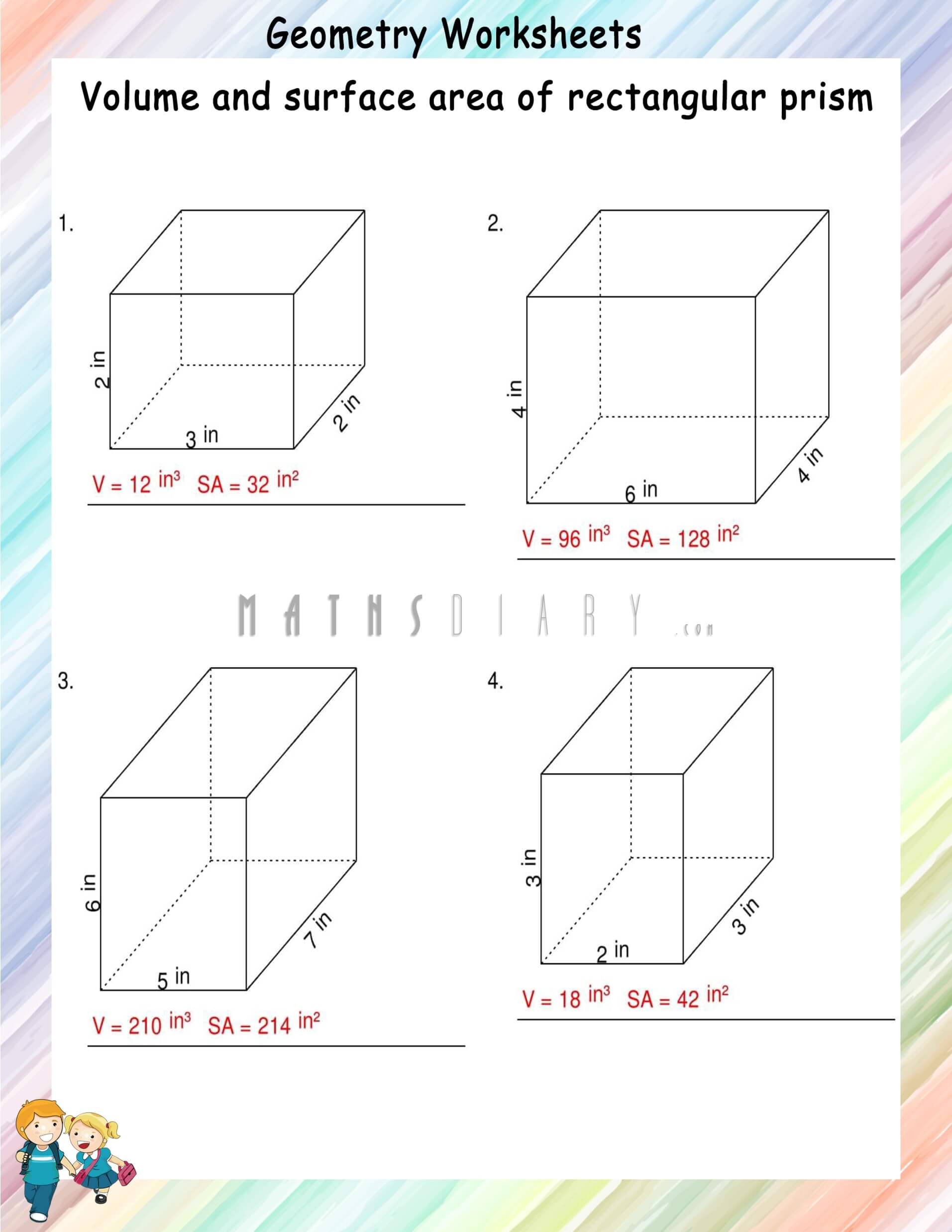Volume and surface area of rectangular prisms - Math Worksheets For Volumes Of Prisms Worksheet