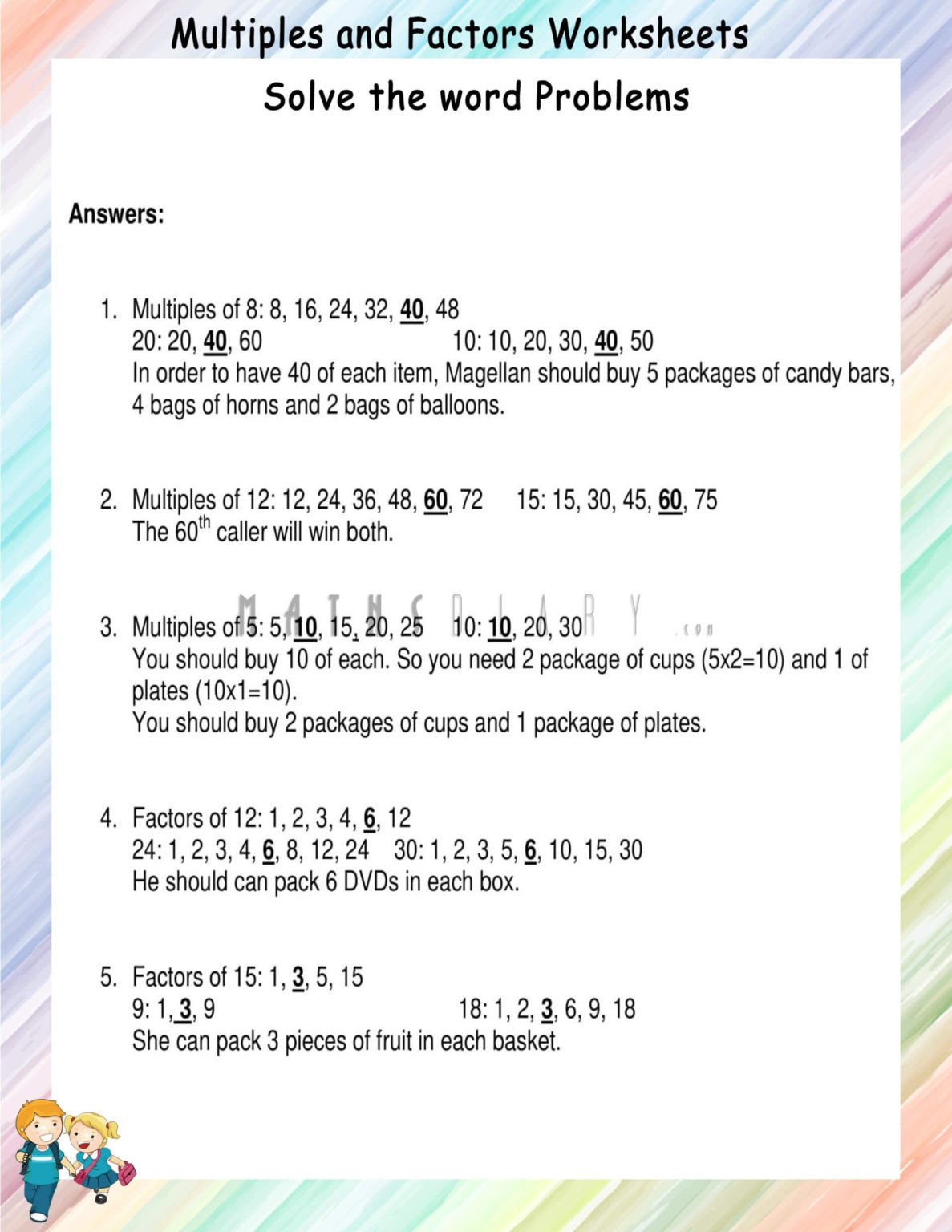 Word problems multiples and factors worksheets math worksheets