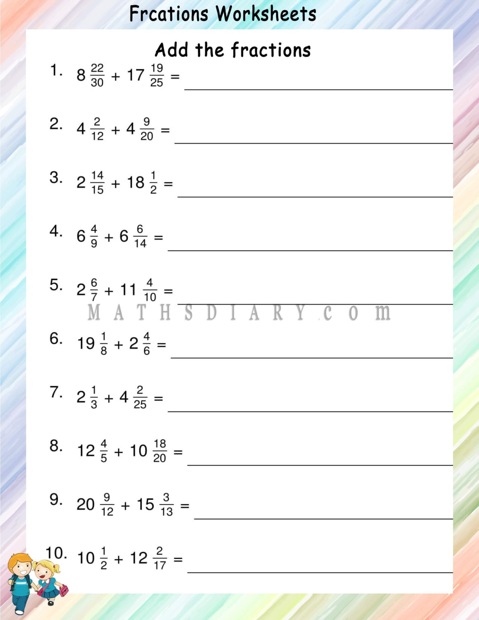 Add mixed fractions hard worksheets math worksheets mathsdiary