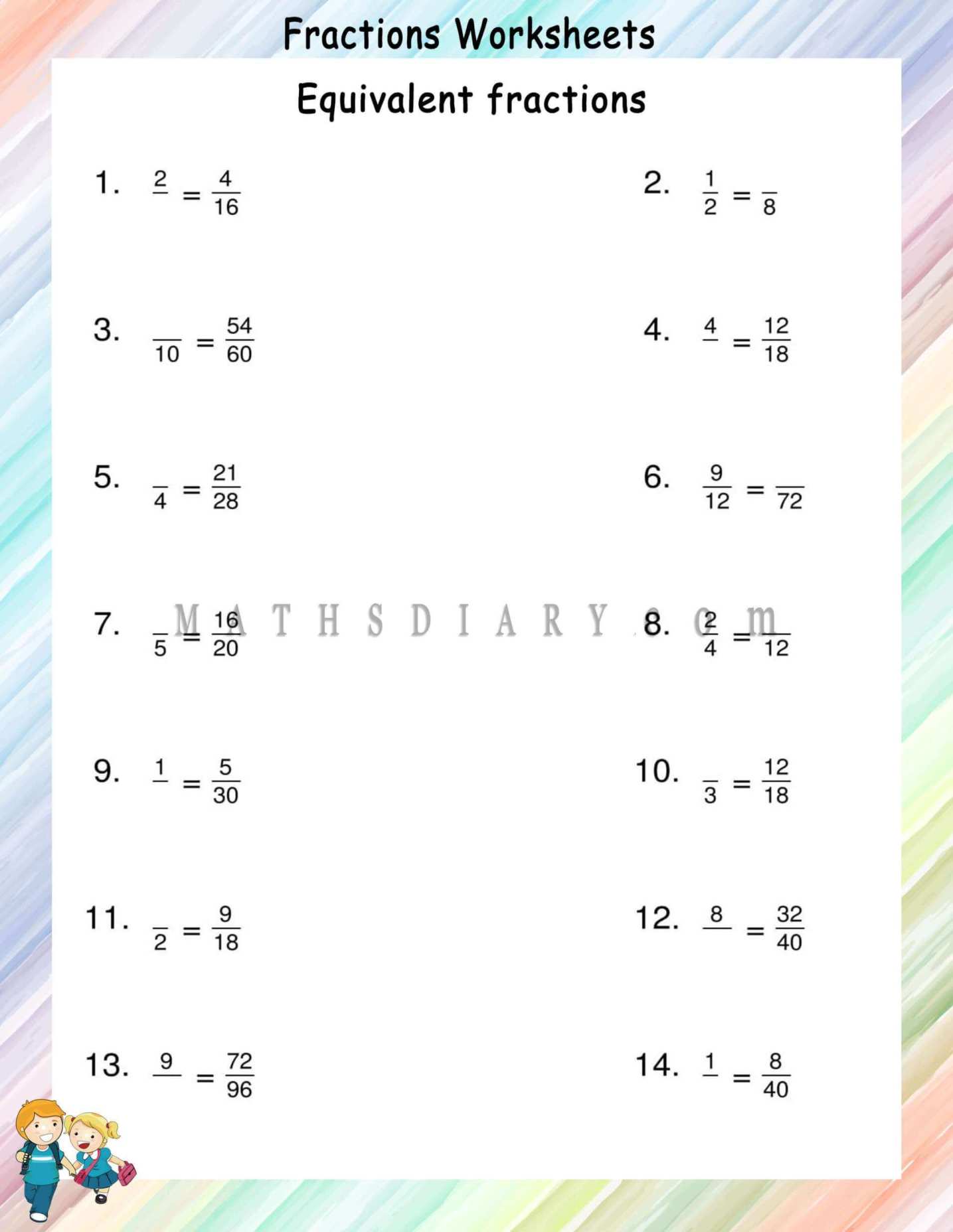 Find the equivalent fractions worksheets - Math Worksheets - MathsDiary.com