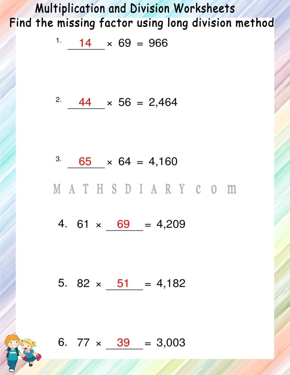 Finding missing factor in multiplication and division - Math Worksheets ...