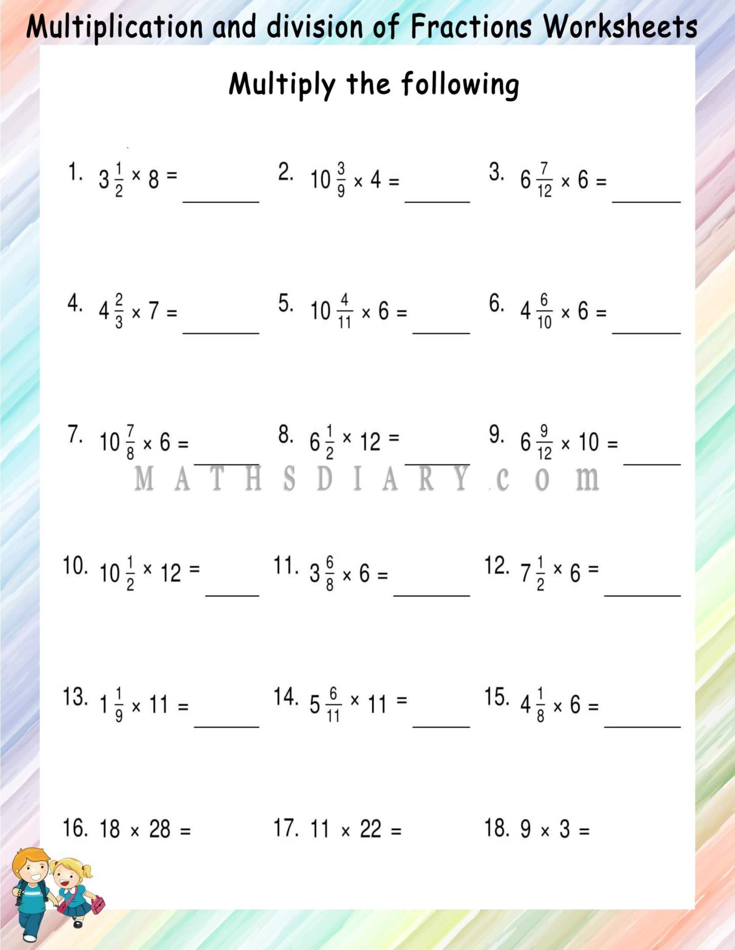 mixed multiplication of fractions worksheets math worksheets mathsdiary com