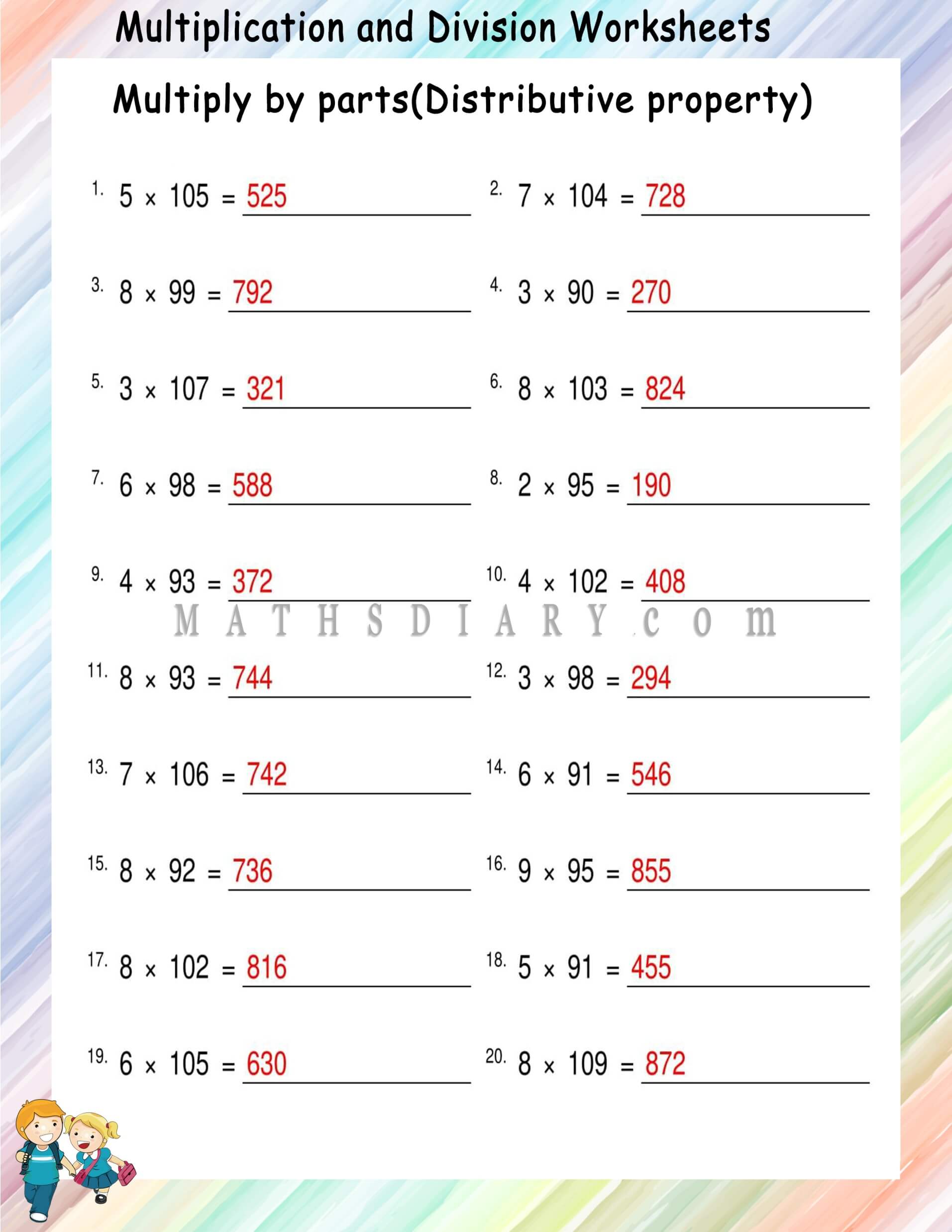 Multiplying By Parts(Distributive Property) worksheets - Math With Distributive Property Worksheet Answers
