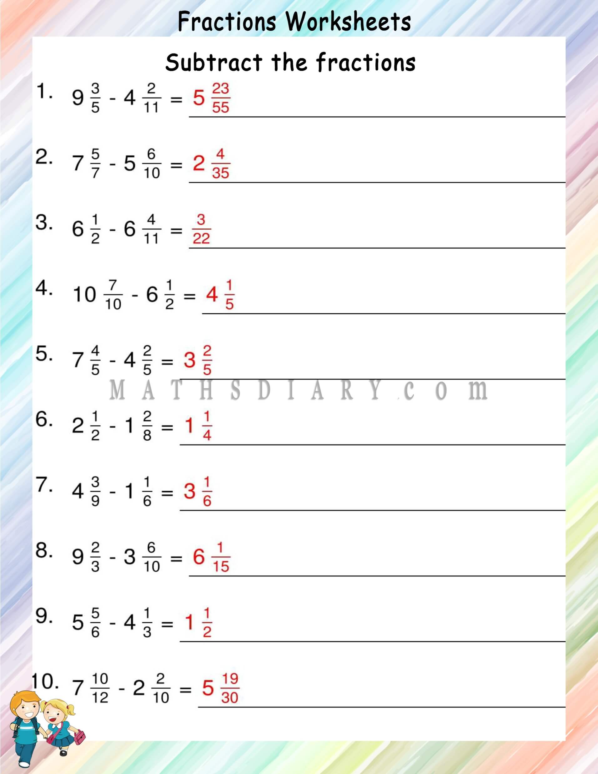subtracting unlike fractions worksheets math worksheets mathsdiary com