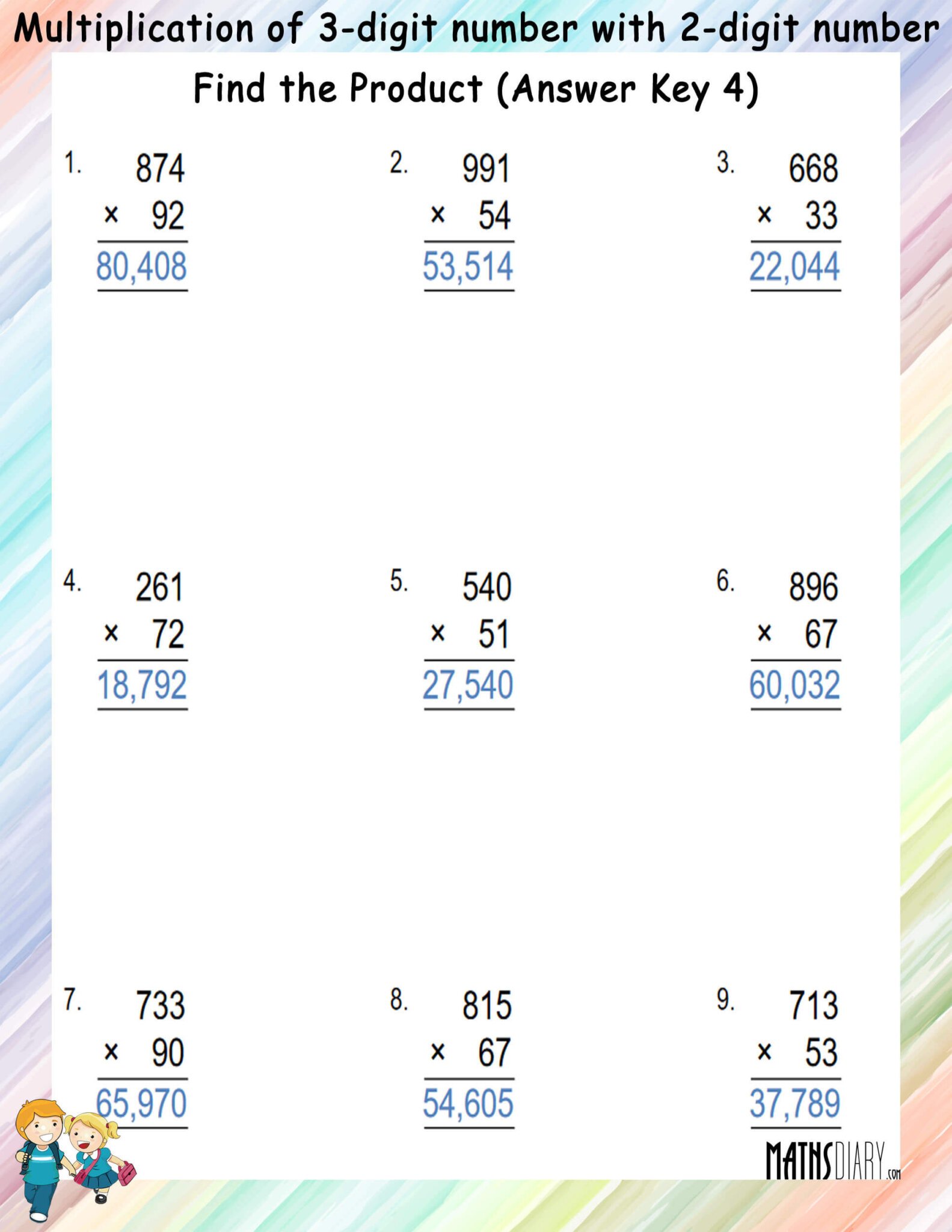 Multiplication of 3-digit number with 2 digit number Worksheets - Math ...